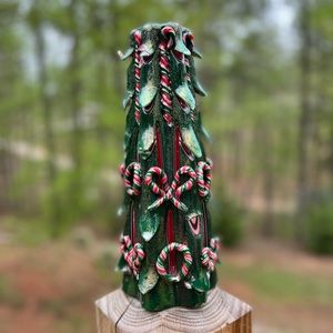 Christmas Hand Carved Candle Christmas Tree Candy Cane Holiday Decor